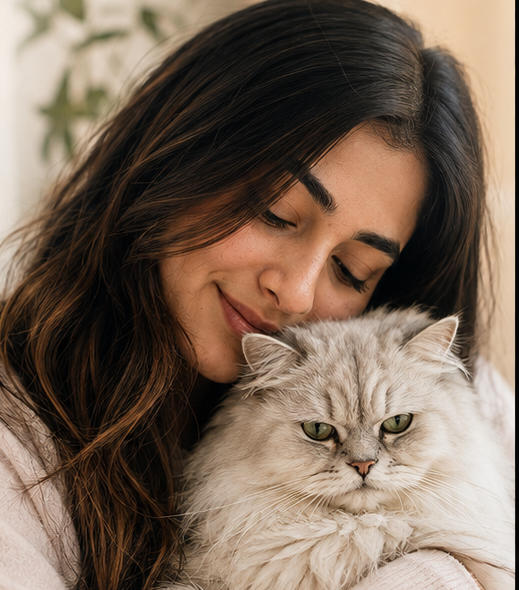 Armish gently holding a long-haired cat, from the Armish Pet Care flyer